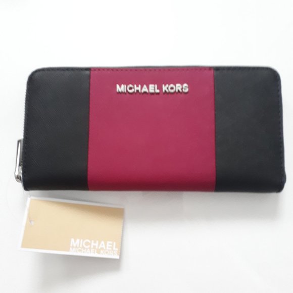 Michael Kors JS Black & Pink Continental Wallet NWT - Picture 1 of 8